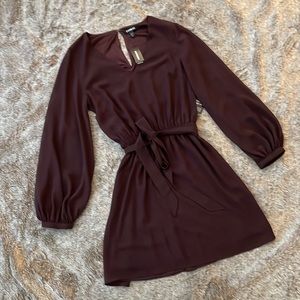 Express Plum V-Neck Elastic Tie Waist Long Sleeve Mini Dress Small NWT